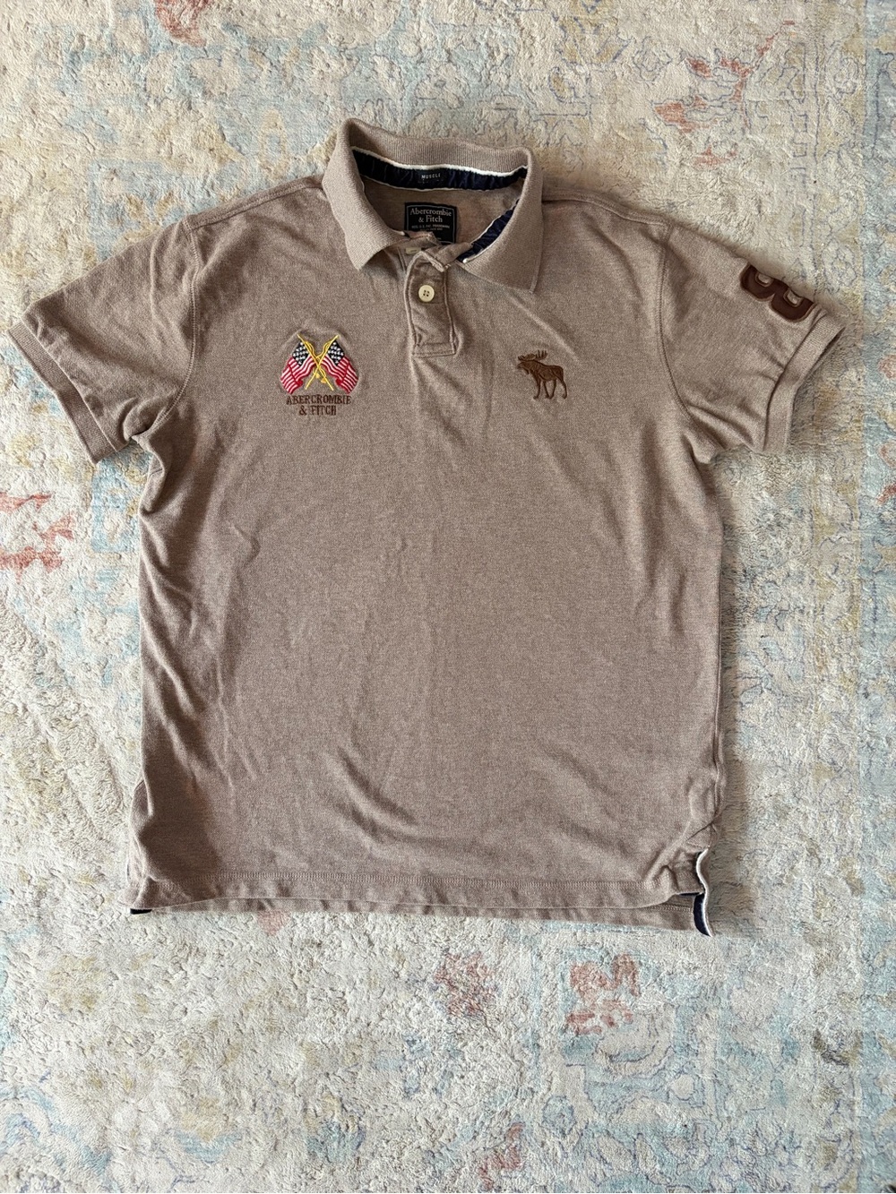 Abercrombie & Fitch Men’s Taupe Polo with Embroidered Moose & Flag Patch